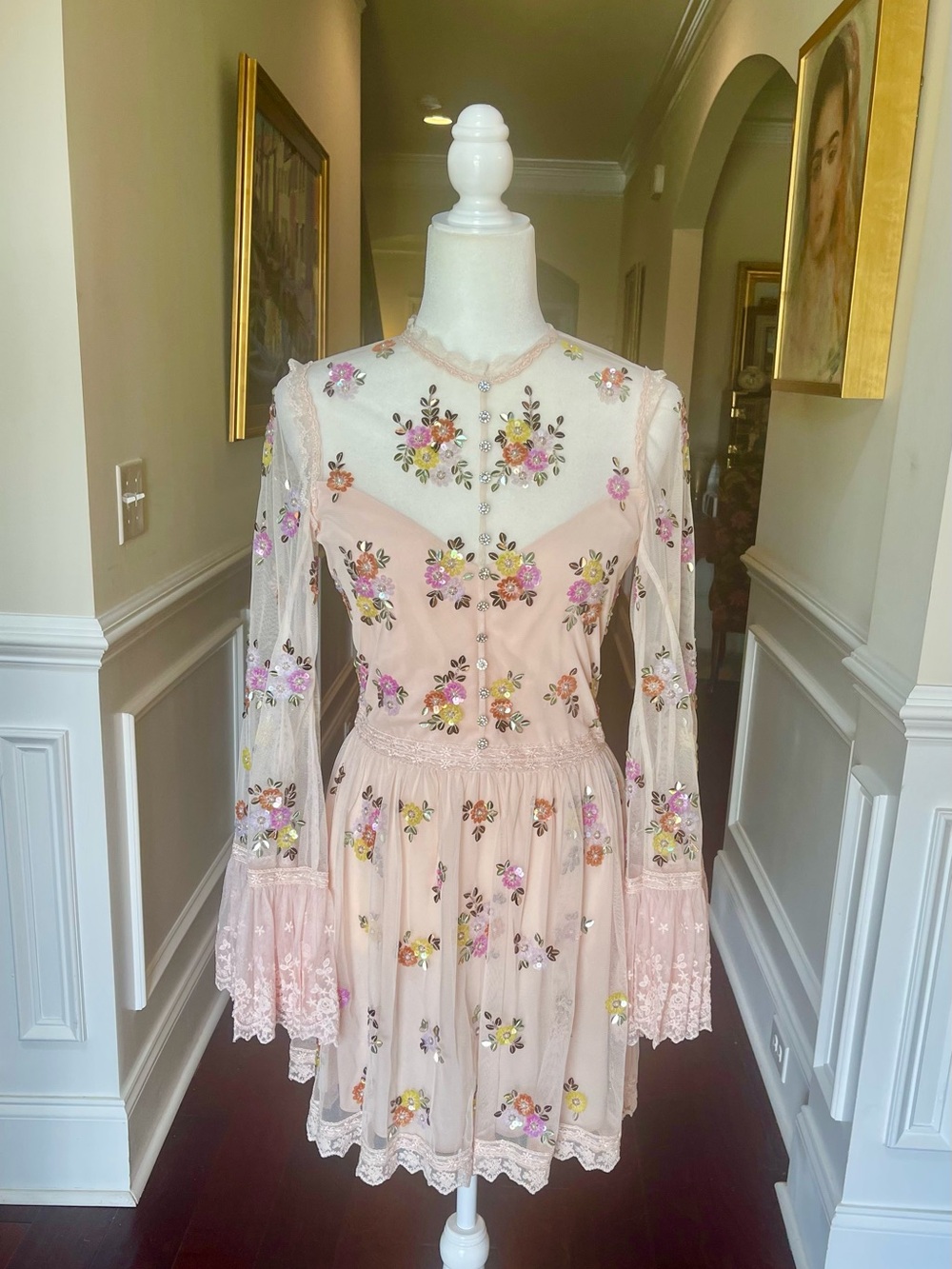 Alice + Olivia Allegra Embellished Lace Mini Gown Pale Pink NWT US 10 - Picture 13 of 16